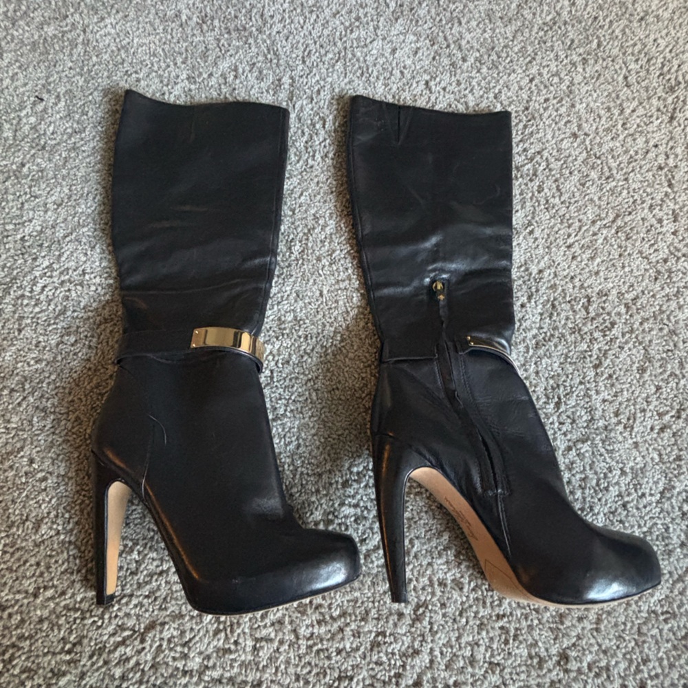 Vince Camuto Black Heeled Boots with Gold Accent